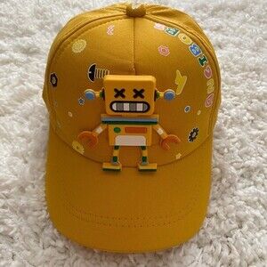 Children's Ball Cap. Mustard Color. One Size. Robot Design. Adjustable Velcro.